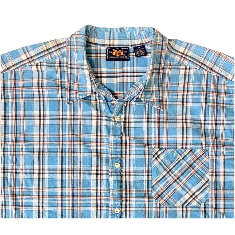Mens Blue Plaid 100% Cotton Short Sleeve Button Up Shirt Casual Pocket Shirt 2XL